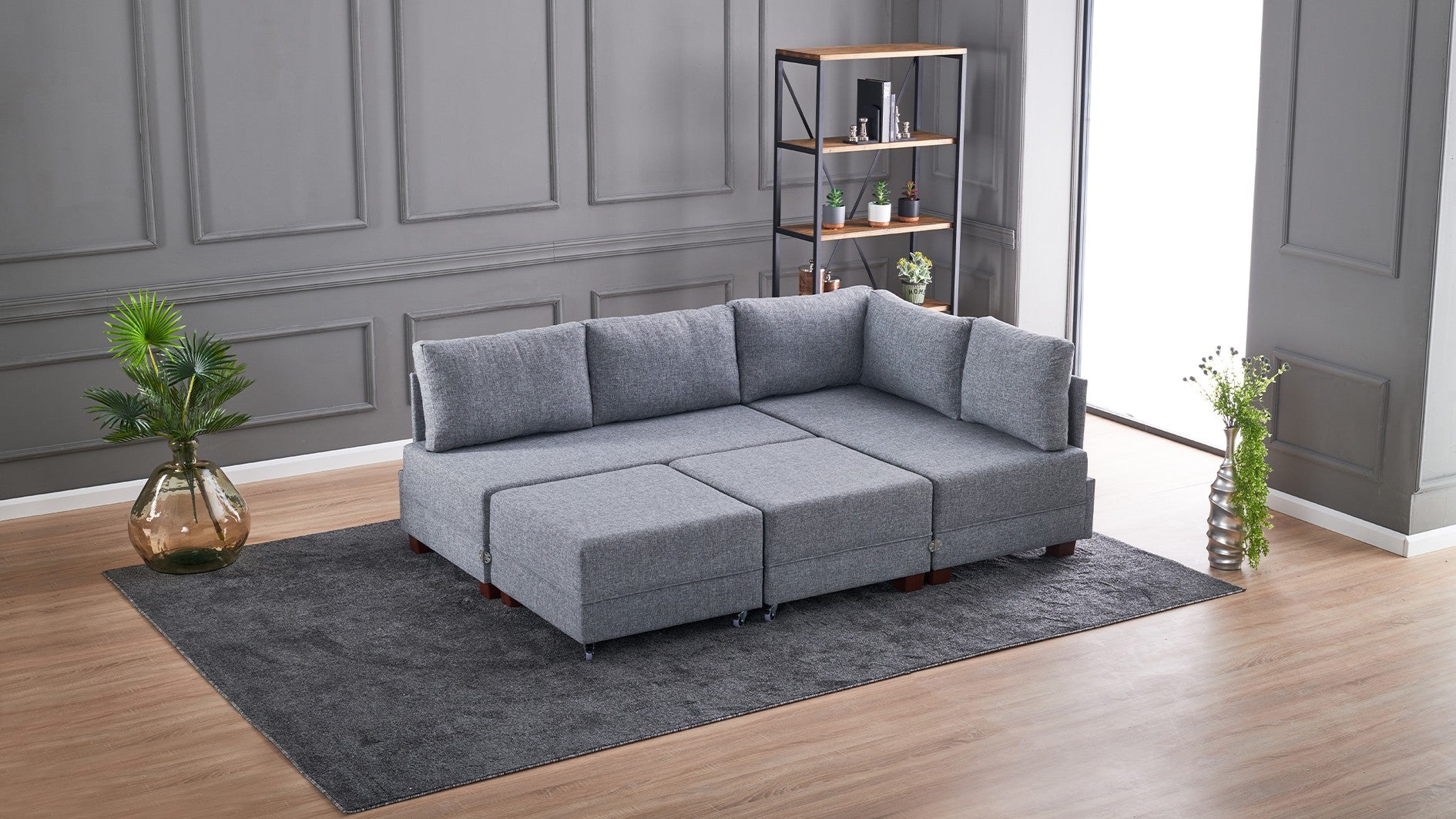 Sofá-cama de canto cinza elegante, 210 cm x 280 cm | 100% poliéster, estrutura de madeira, inclui mesa de apoio | Fácil de limpar, espuma DNS 32 confortável, perfeito para espaços modernos