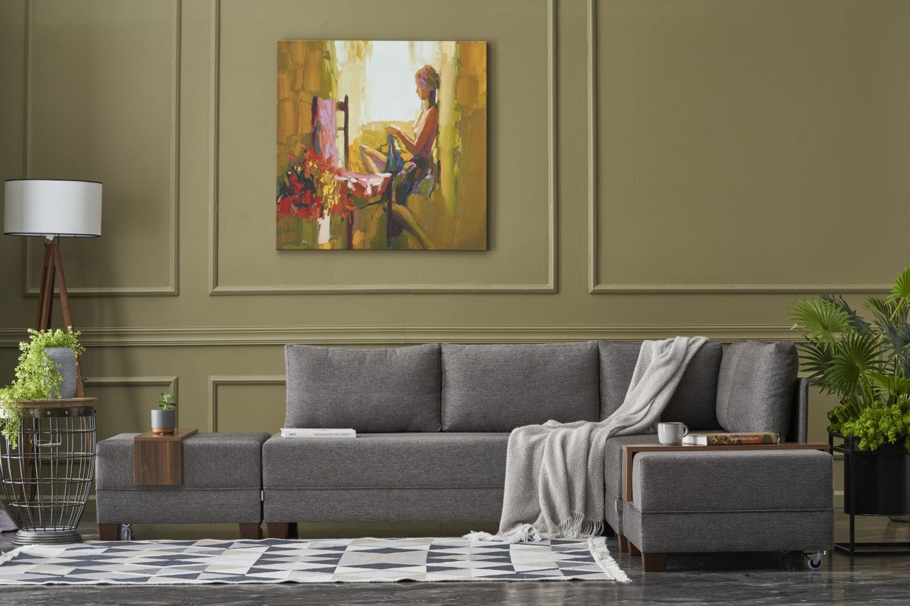 Sofá-cama de canto elegante, marrom, 210 x 70 x 280 cm | 100% poliéster, tamanho da cama: 140 x 190 cm | Inclui mesa de braço, tecido de fácil limpeza, pernas de nogueira
