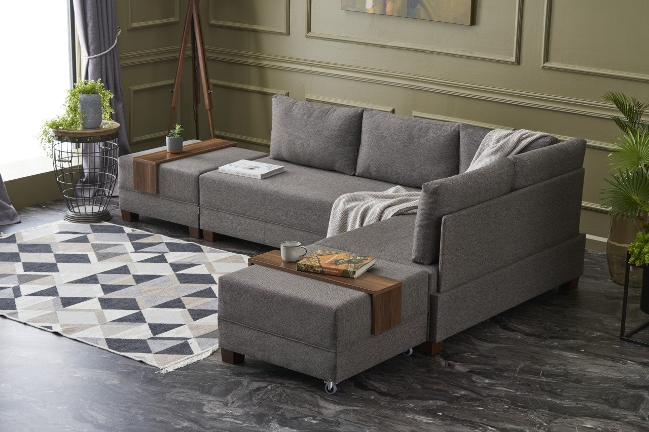 Sofá-cama de canto elegante, marrom, 210 x 70 x 280 cm | 100% poliéster, tamanho da cama: 140 x 190 cm | Inclui mesa de braço, tecido de fácil limpeza, pernas de nogueira