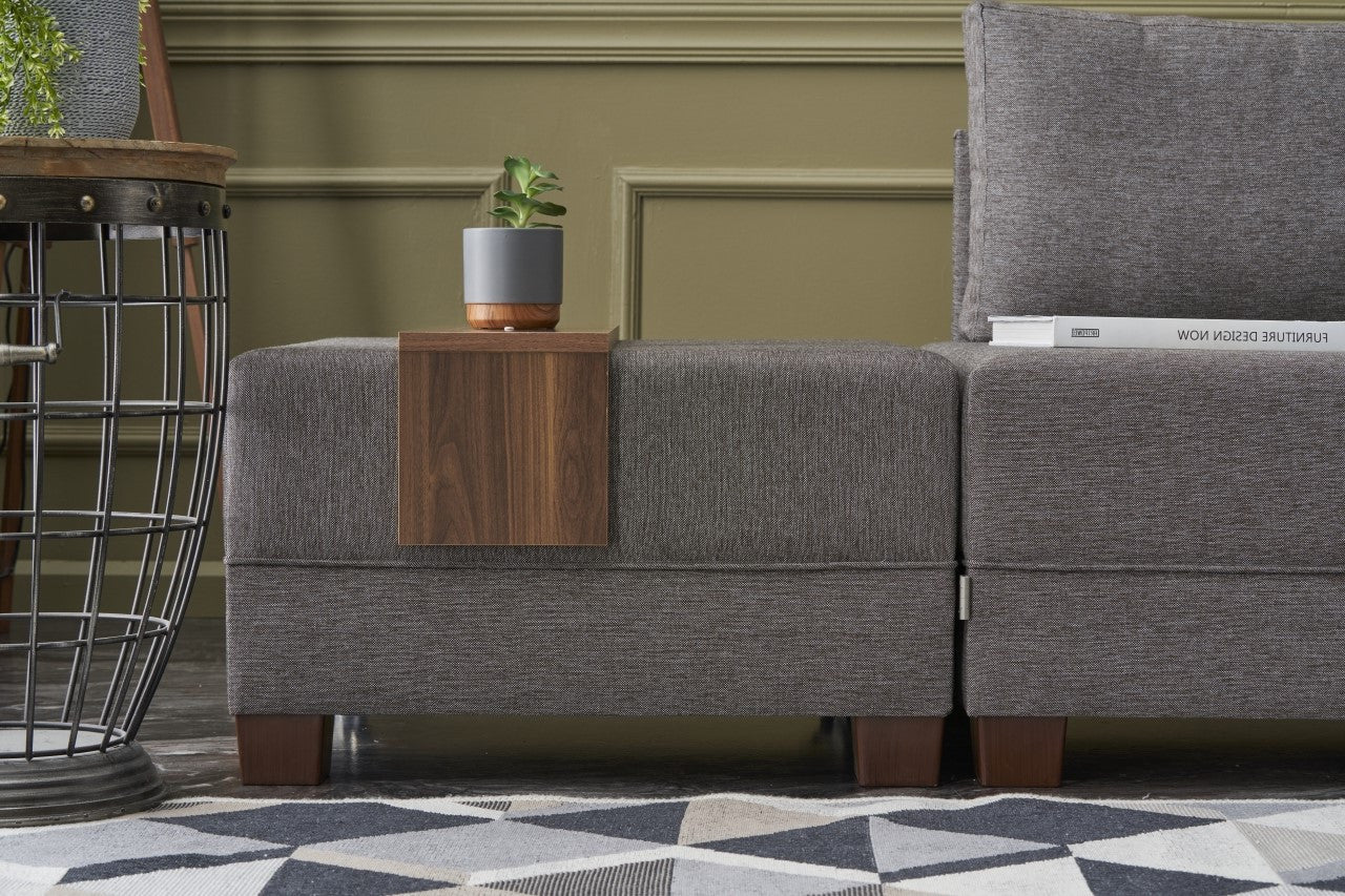 Sofá-cama de canto elegante, marrom, 210 x 70 x 280 cm | 100% poliéster, tamanho da cama: 140 x 190 cm | Inclui mesa de braço, tecido de fácil limpeza, pernas de nogueira