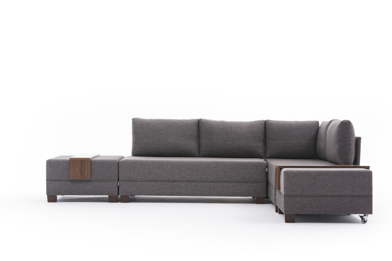 Sofá-cama de canto elegante, marrom, 210 x 70 x 280 cm | 100% poliéster, tamanho da cama: 140 x 190 cm | Inclui mesa de braço, tecido de fácil limpeza, pernas de nogueira