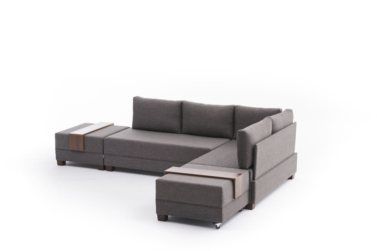 Sofá-cama de canto elegante, marrom, 210 x 70 x 280 cm | 100% poliéster, tamanho da cama: 140 x 190 cm | Inclui mesa de braço, tecido de fácil limpeza, pernas de nogueira