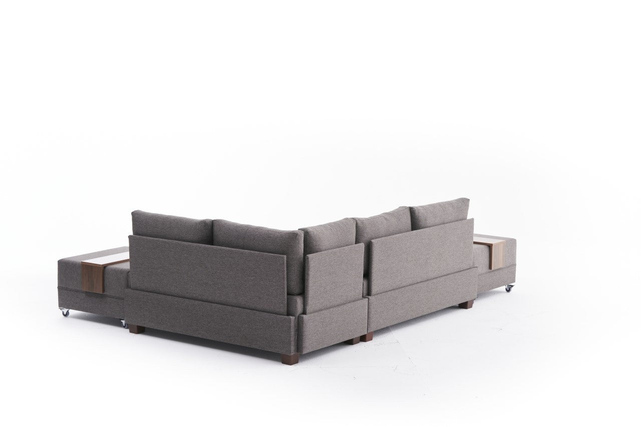 Sofá-cama de canto elegante, marrom, 210 x 70 x 280 cm | 100% poliéster, tamanho da cama: 140 x 190 cm | Inclui mesa de braço, tecido de fácil limpeza, pernas de nogueira
