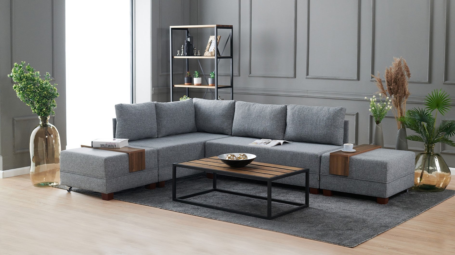 Sofá-cama de canto cinza elegante, 210 cm x 280 cm | 100% poliéster, estrutura de madeira, inclui mesa de apoio | Cama confortável e fácil de limpar, 140 x 190 cm