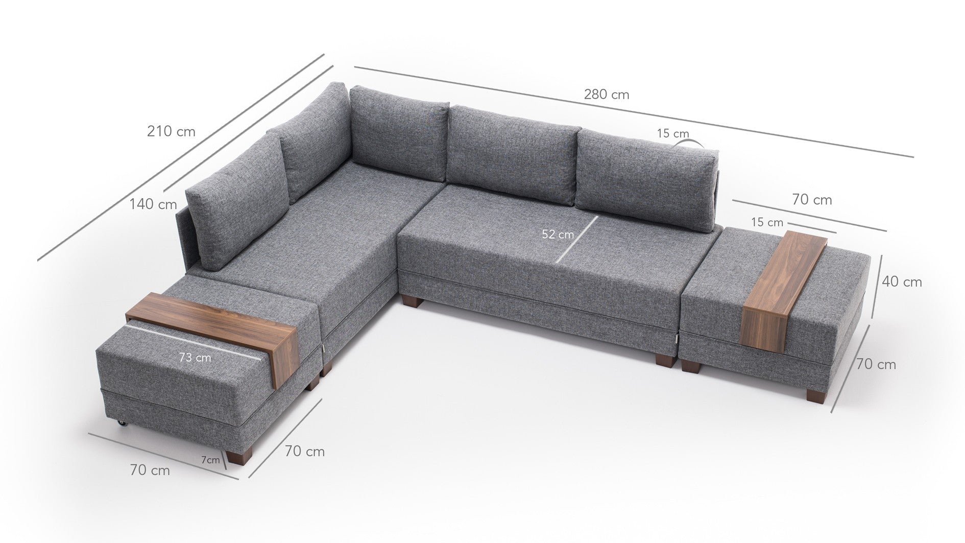 Sofá-cama de canto cinza elegante, 210 cm x 280 cm | 100% poliéster, estrutura de madeira, inclui mesa de apoio | Cama confortável e fácil de limpar, 140 x 190 cm