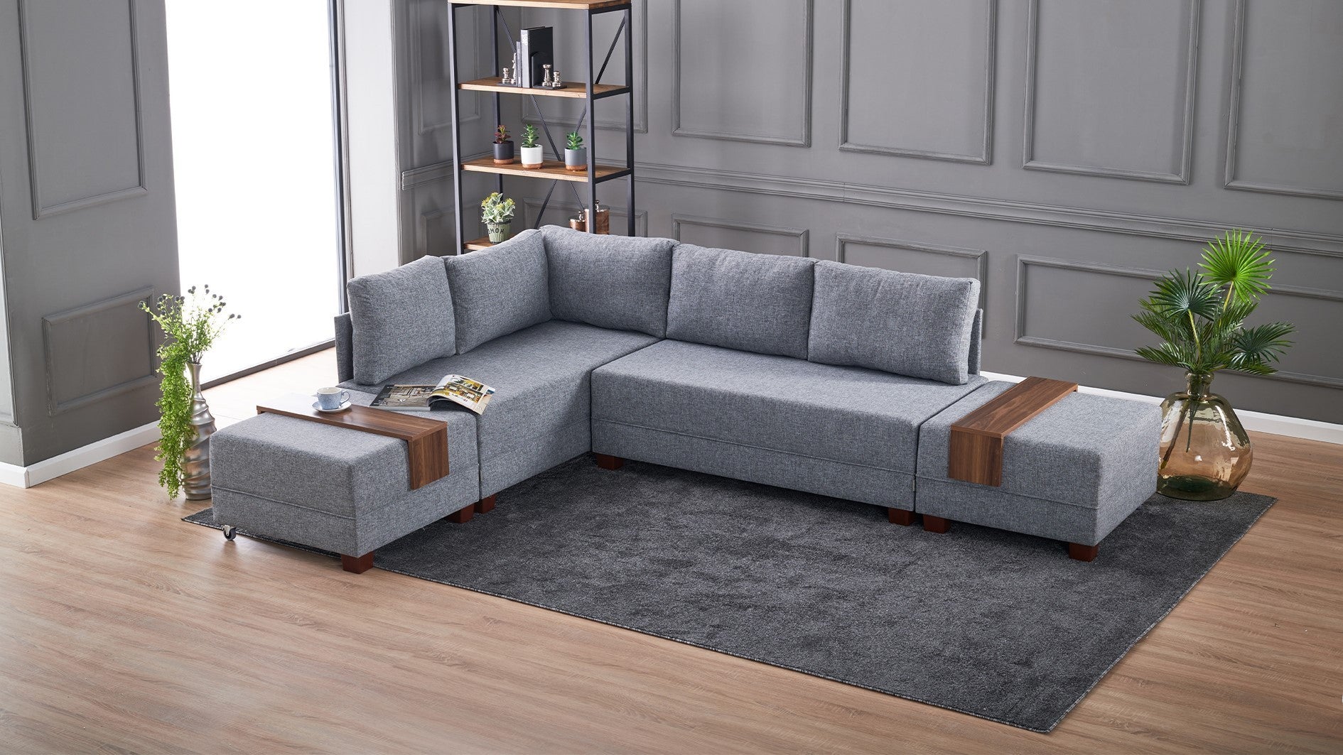 Sofá-cama de canto cinza elegante, 210 cm x 280 cm | 100% poliéster, estrutura de madeira, inclui mesa de apoio | Cama confortável e fácil de limpar, 140 x 190 cm