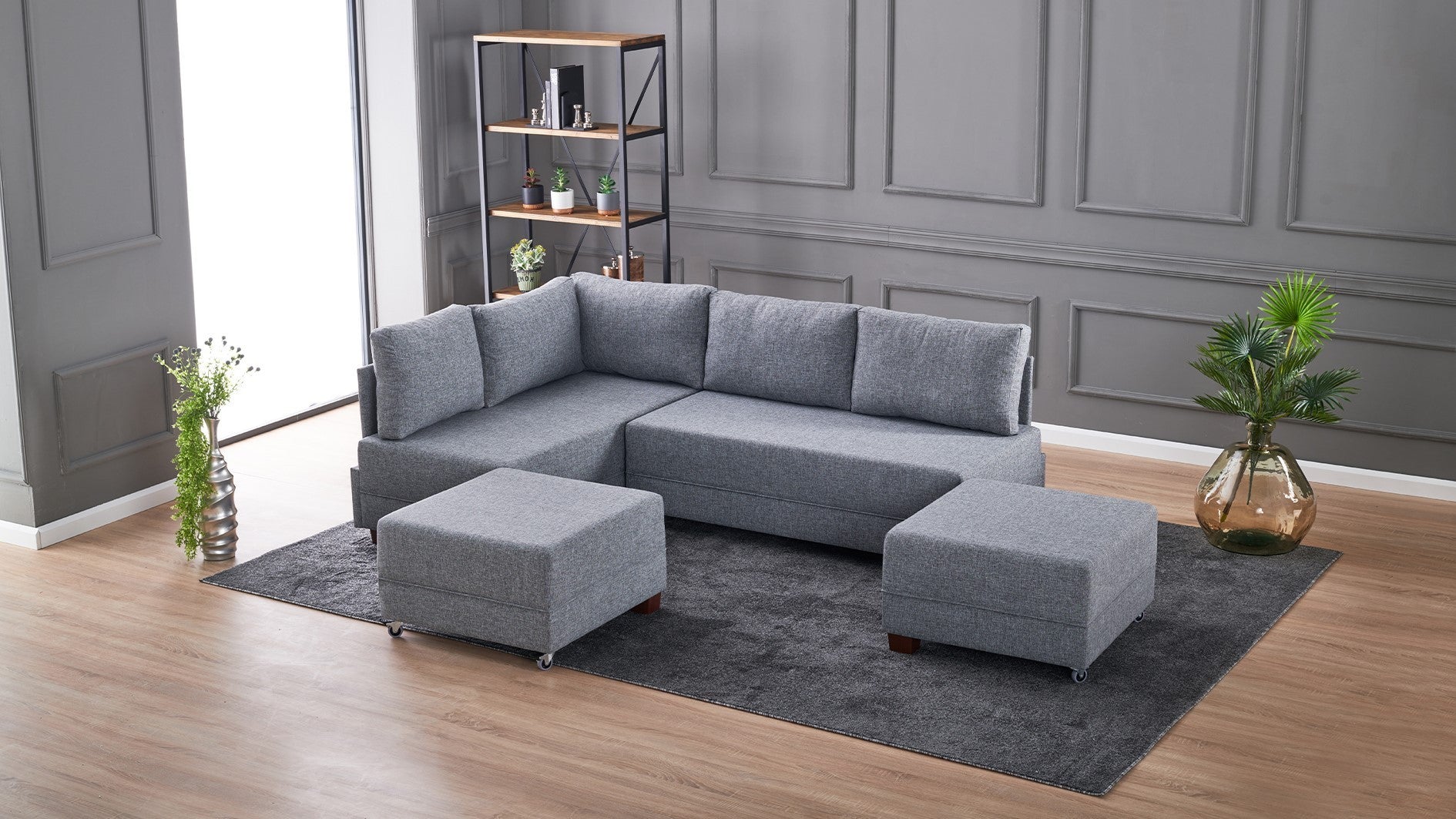Sofá-cama de canto cinza elegante, 210 cm x 280 cm | 100% poliéster, estrutura de madeira, inclui mesa de apoio | Cama confortável e fácil de limpar, 140 x 190 cm