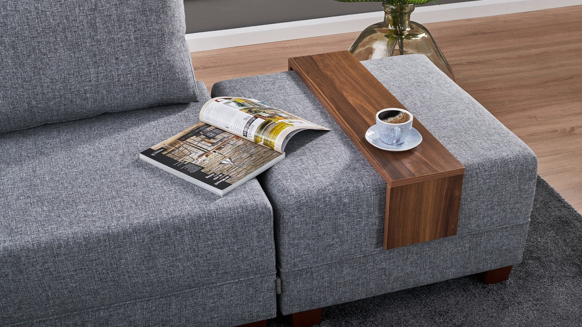 Sofá-cama de canto cinza elegante, 210 cm x 280 cm | 100% poliéster, estrutura de madeira, inclui mesa de apoio | Cama confortável e fácil de limpar, 140 x 190 cm