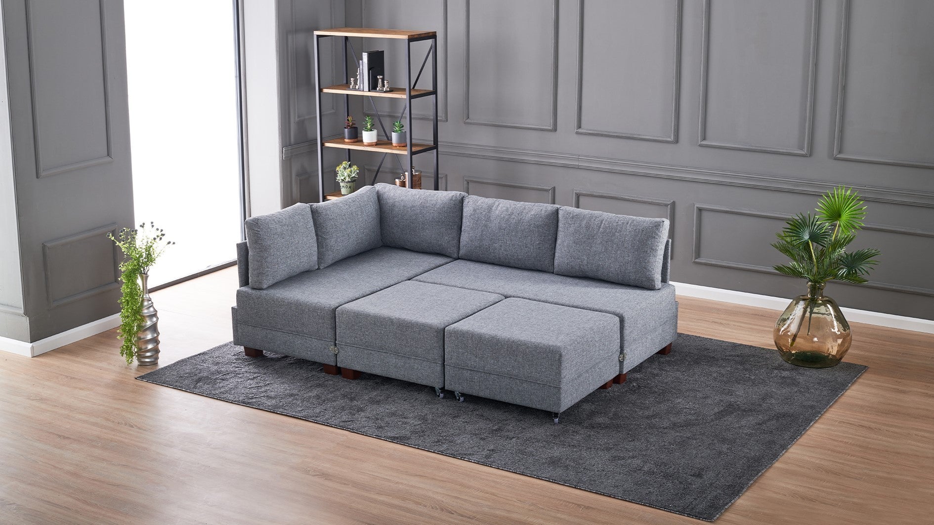 Sofá-cama de canto cinza elegante, 210 cm x 280 cm | 100% poliéster, estrutura de madeira, inclui mesa de apoio | Cama confortável e fácil de limpar, 140 x 190 cm