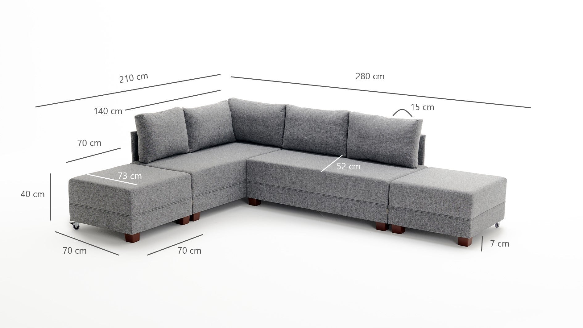 Sofá-cama de canto cinza elegante, 210 cm x 280 cm | 100% poliéster, estrutura de madeira, inclui mesa de apoio | Cama confortável e fácil de limpar, 140 x 190 cm