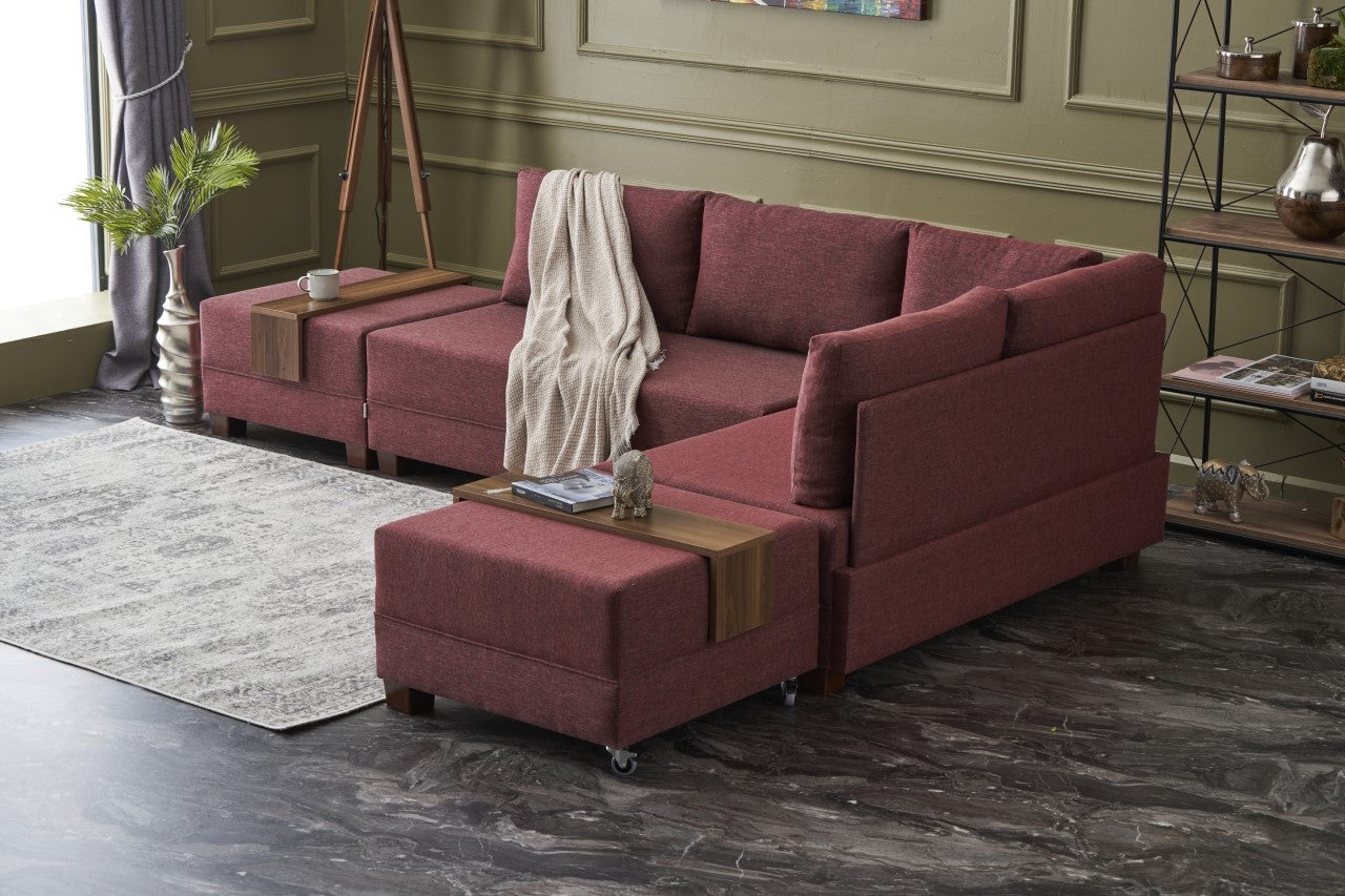 Sofá-cama de canto vermelho Claret, 210 cm x 280 cm | 100% poliéster, estrutura de madeira, mesa com braço de sofá, fácil de limpar, tamanho da cama: 140 x 190 cm | Design elegante e funcional