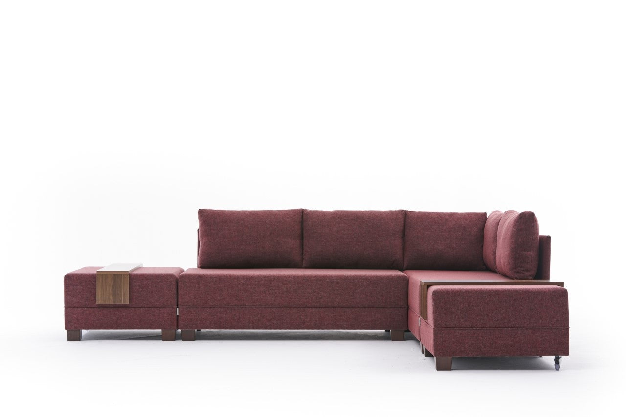 Sofá-cama de canto vermelho Claret, 210 cm x 280 cm | 100% poliéster, estrutura de madeira, mesa com braço de sofá, fácil de limpar, tamanho da cama: 140 x 190 cm | Design elegante e funcional
