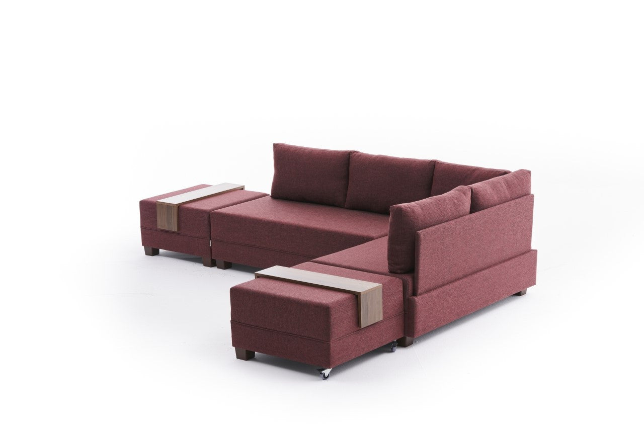 Sofá-cama de canto vermelho Claret, 210 cm x 280 cm | 100% poliéster, estrutura de madeira, mesa com braço de sofá, fácil de limpar, tamanho da cama: 140 x 190 cm | Design elegante e funcional