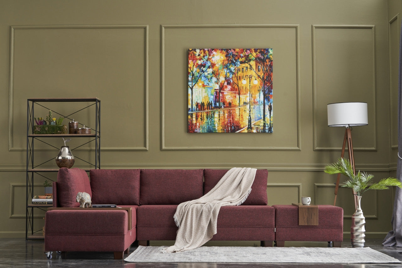 Sofá-cama de canto vermelho Claret, 210 x 80 x 280 cm | 100% poliéster, estrutura de madeira/madeira, inclui mesa de braço, fácil de limpar, design elegante e funcional