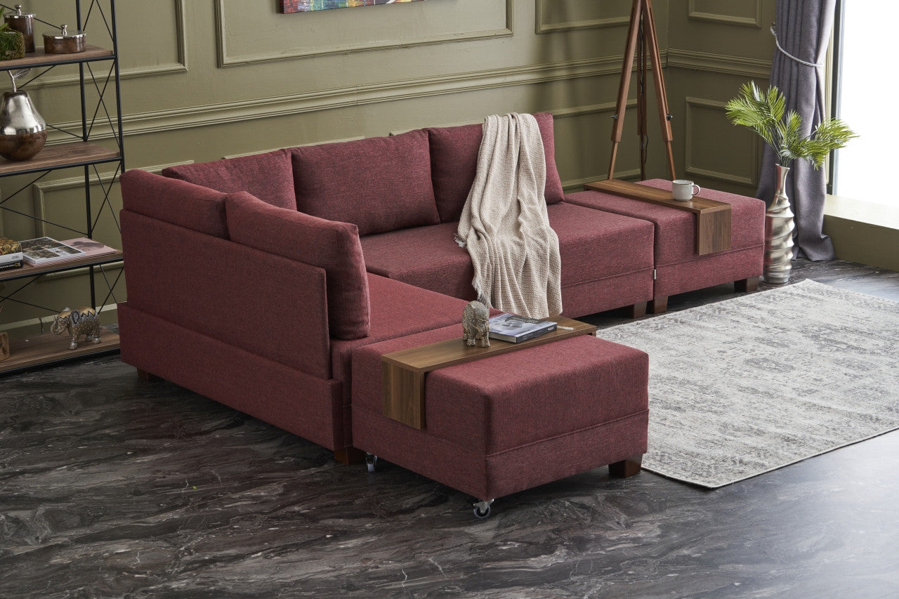 Sofá-cama de canto vermelho Claret, 210 x 80 x 280 cm | 100% poliéster, estrutura de madeira/madeira, inclui mesa de braço, fácil de limpar, design elegante e funcional