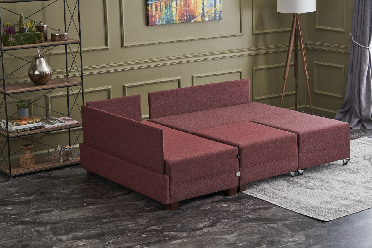 Sofá-cama de canto vermelho Claret, 210 x 80 x 280 cm | 100% poliéster, estrutura de madeira/madeira, inclui mesa de braço, fácil de limpar, design elegante e funcional