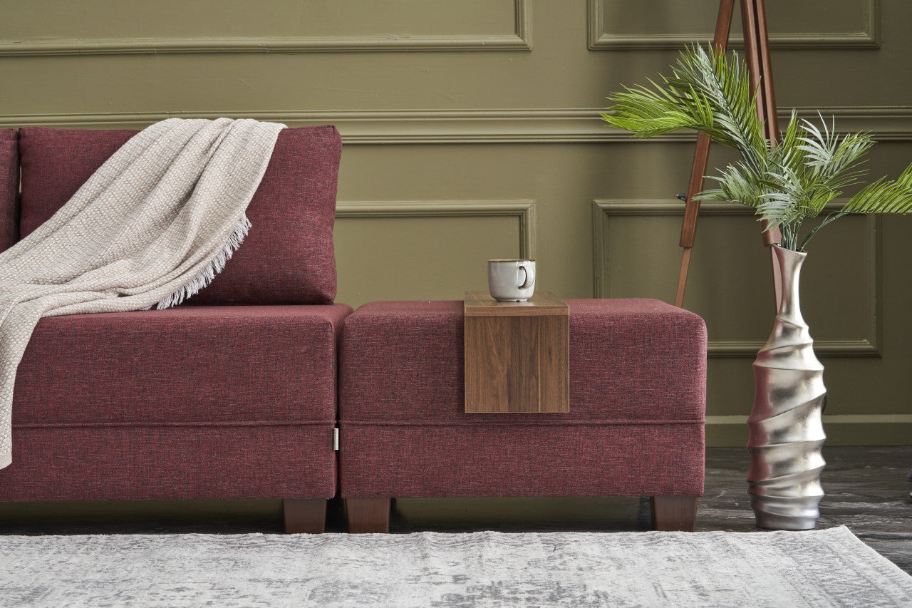 Sofá-cama de canto vermelho Claret, 210 x 80 x 280 cm | 100% poliéster, estrutura de madeira/madeira, inclui mesa de braço, fácil de limpar, design elegante e funcional