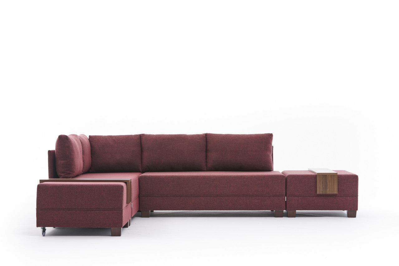 Sofá-cama de canto vermelho Claret, 210 x 80 x 280 cm | 100% poliéster, estrutura de madeira/madeira, inclui mesa de braço, fácil de limpar, design elegante e funcional