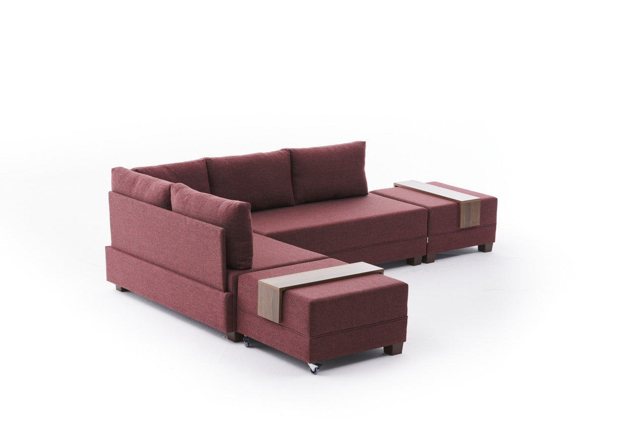 Sofá-cama de canto vermelho Claret, 210 x 80 x 280 cm | 100% poliéster, estrutura de madeira/madeira, inclui mesa de braço, fácil de limpar, design elegante e funcional