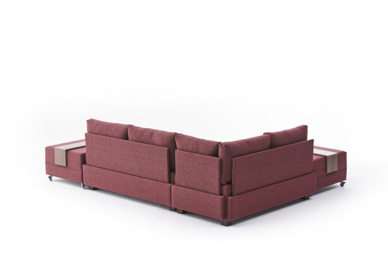 Sofá-cama de canto vermelho Claret, 210 x 80 x 280 cm | 100% poliéster, estrutura de madeira/madeira, inclui mesa de braço, fácil de limpar, design elegante e funcional