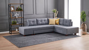 Sofá-cama de canto elegante, cinza, 280 cm | 100% poliéster, espuma 32 DNS, fácil de limpar | Estrutura de madeira, pernas de nogueira | Perfeito para espaços modernos