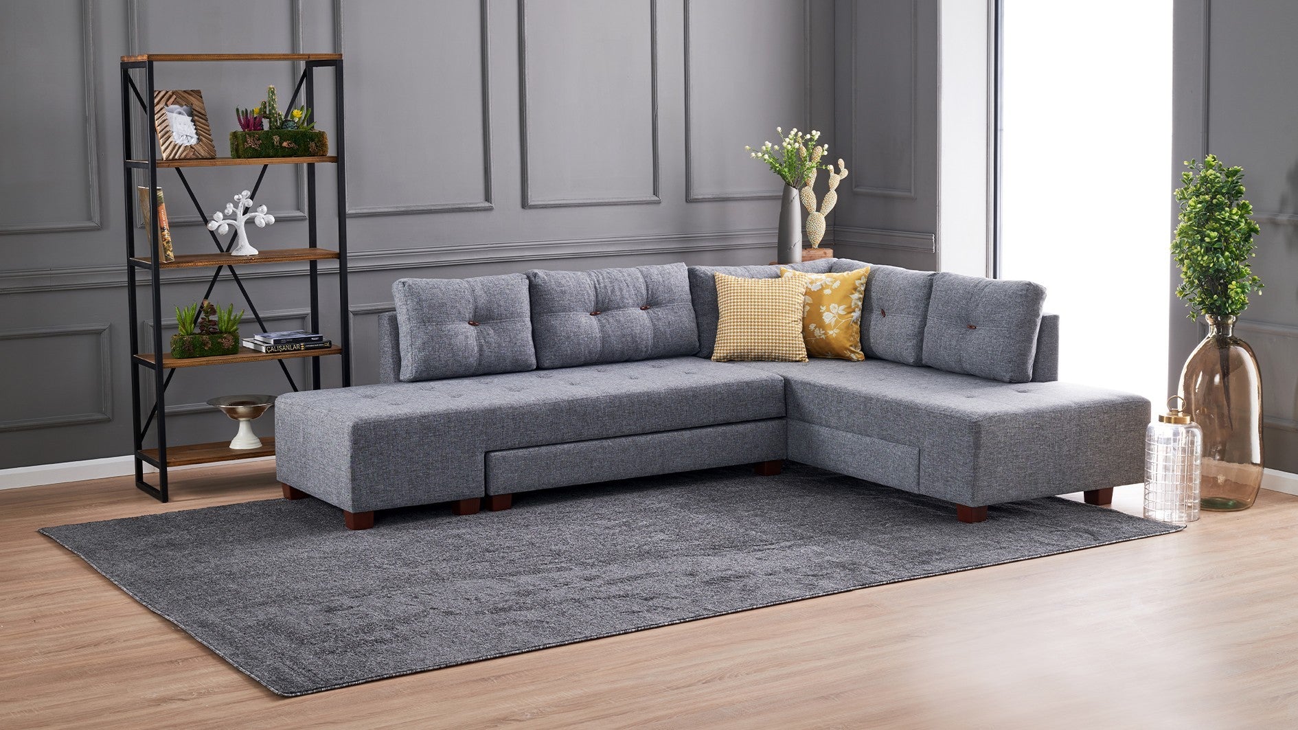 Sofá-cama de canto elegante, cinza, 280 cm | 100% poliéster, espuma 32 DNS, fácil de limpar | Estrutura de madeira, pernas de nogueira | Perfeito para espaços modernos