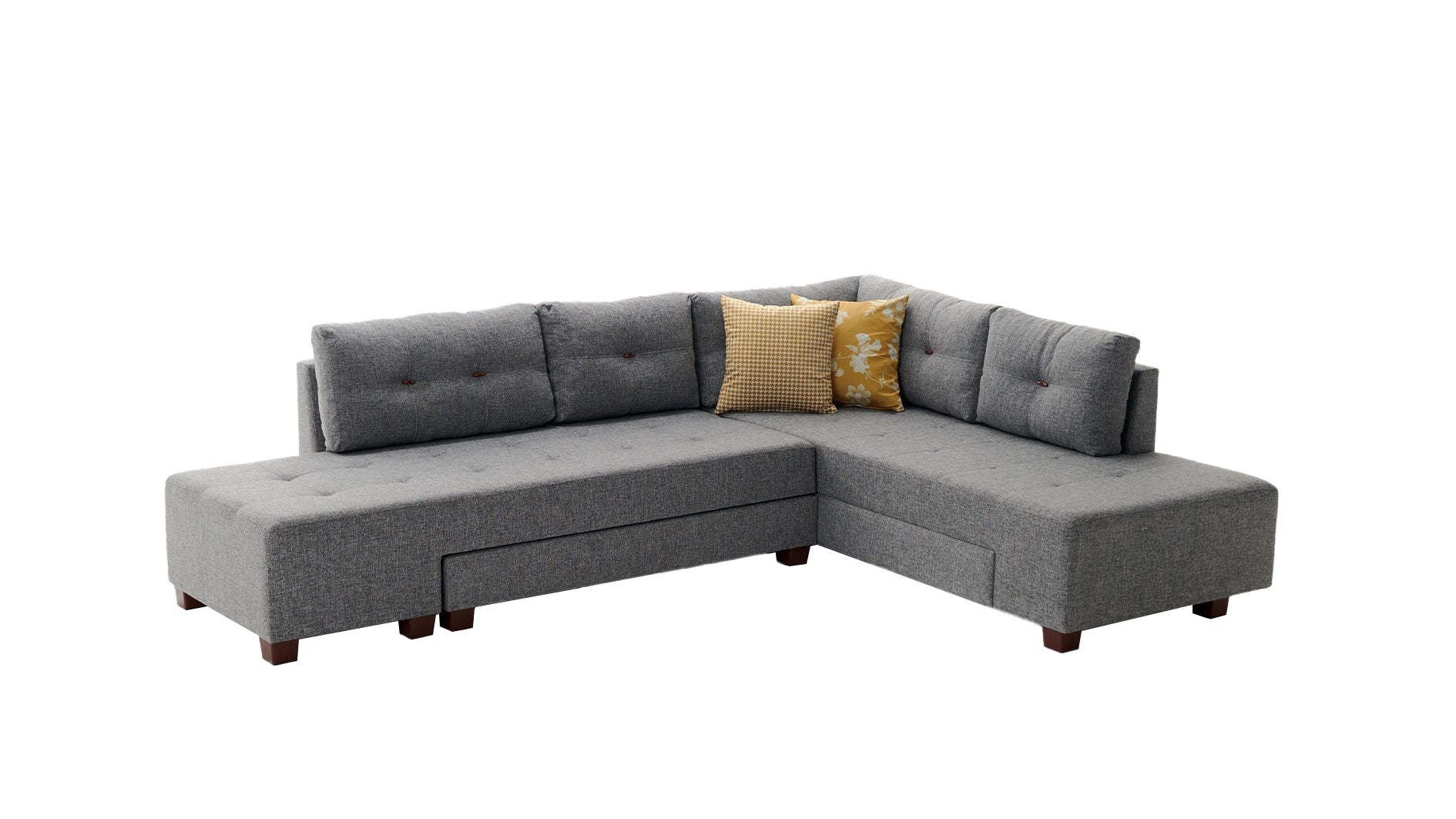 Sofá-cama de canto elegante, cinza, 280 cm | 100% poliéster, espuma 32 DNS, fácil de limpar | Estrutura de madeira, pernas de nogueira | Perfeito para espaços modernos