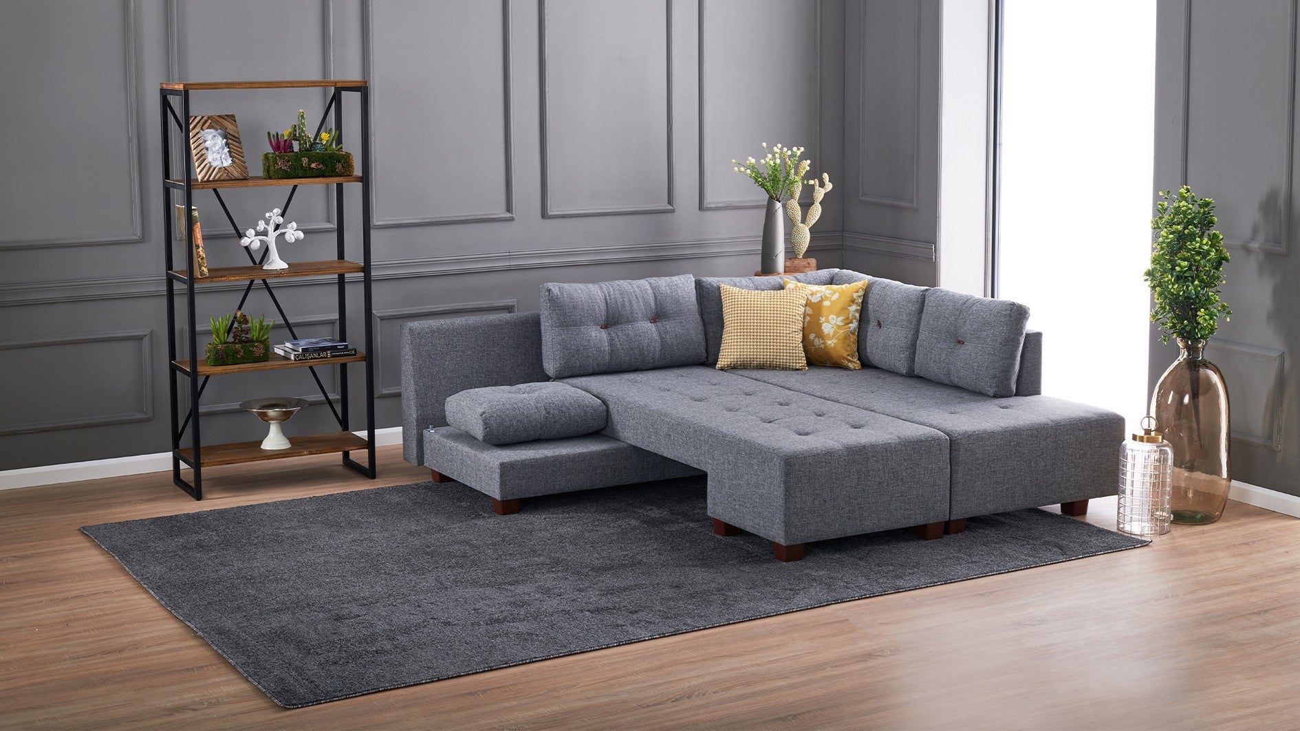 Sofá-cama de canto elegante, cinza, 280 cm | 100% poliéster, espuma 32 DNS, fácil de limpar | Estrutura de madeira, pernas de nogueira | Perfeito para espaços modernos