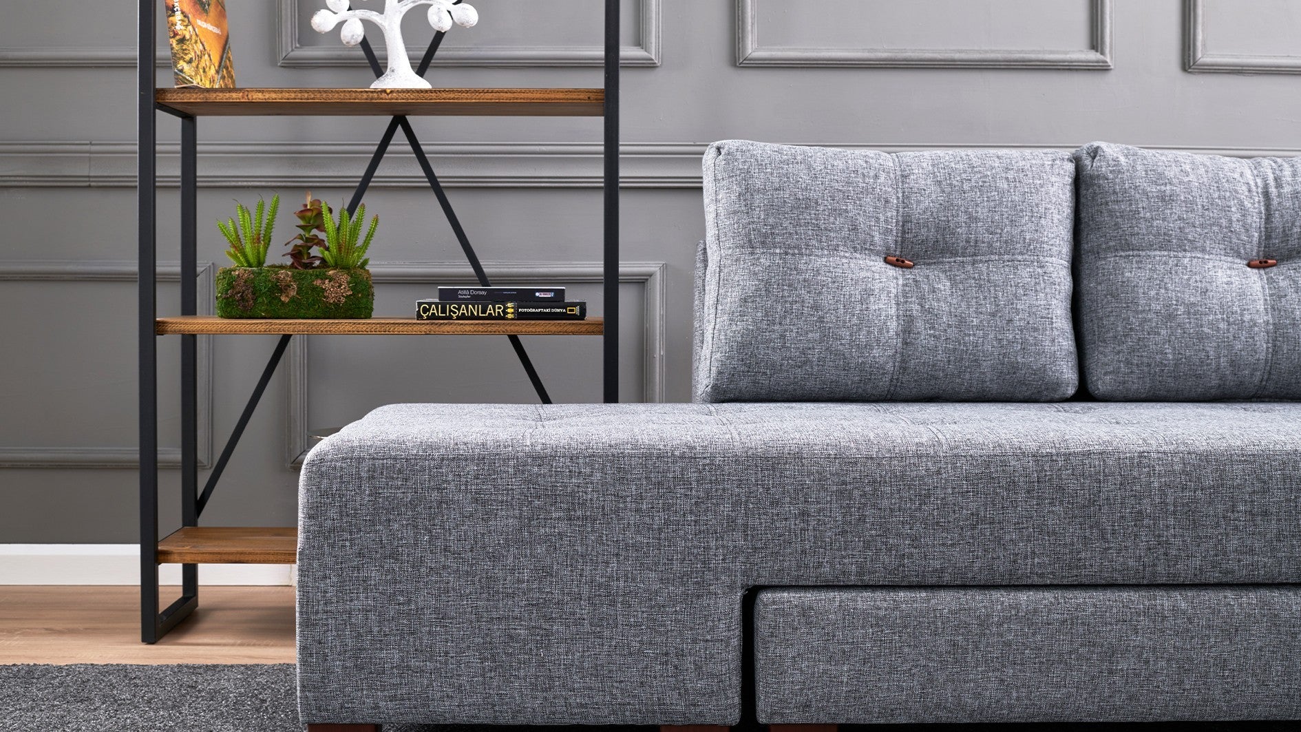 Sofá-cama de canto elegante, cinza, 280 cm | 100% poliéster, espuma 32 DNS, fácil de limpar | Estrutura de madeira, pernas de nogueira | Perfeito para espaços modernos