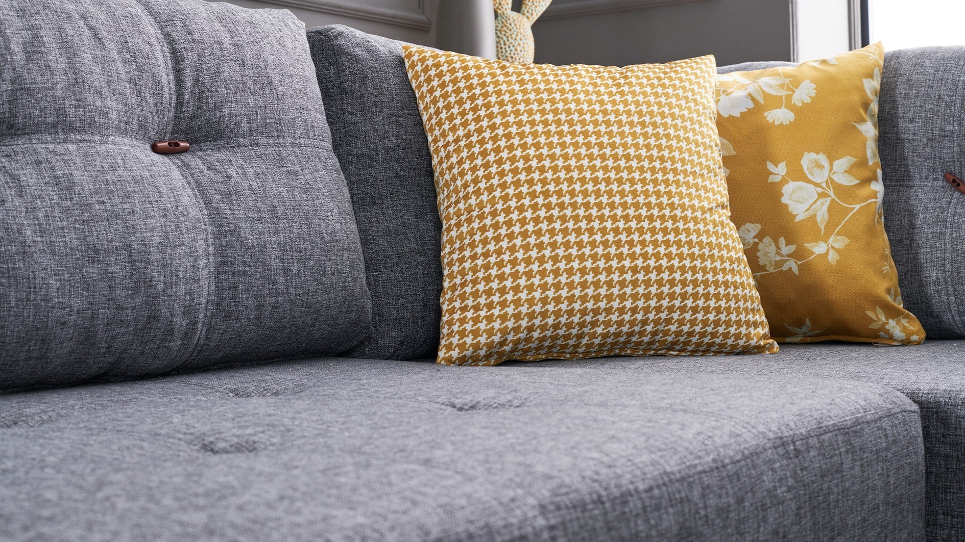 Sofá-cama de canto elegante, cinza, 280 cm | 100% poliéster, espuma 32 DNS, fácil de limpar | Estrutura de madeira, pernas de nogueira | Perfeito para espaços modernos