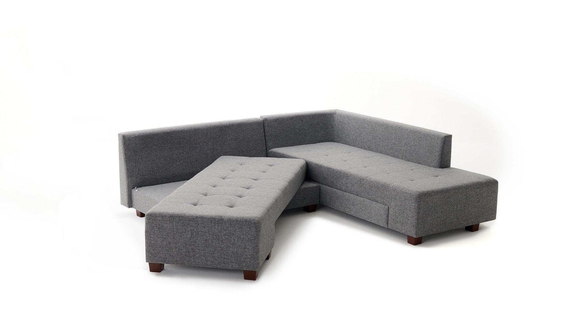 Sofá-cama de canto elegante, cinza, 280 cm | 100% poliéster, espuma 32 DNS, fácil de limpar | Estrutura de madeira, pernas de nogueira | Perfeito para espaços modernos