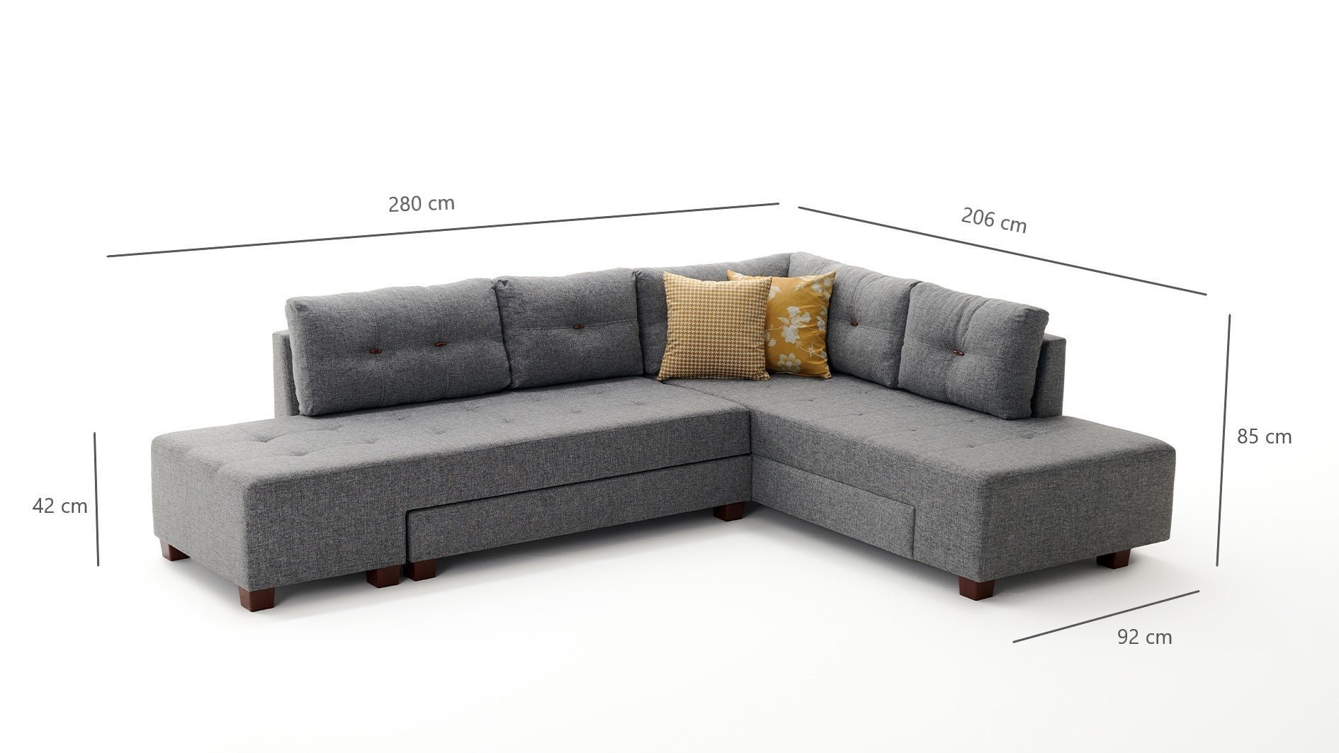 Sofá-cama de canto elegante, cinza, 280 cm | 100% poliéster, espuma 32 DNS, fácil de limpar | Estrutura de madeira, pernas de nogueira | Perfeito para espaços modernos