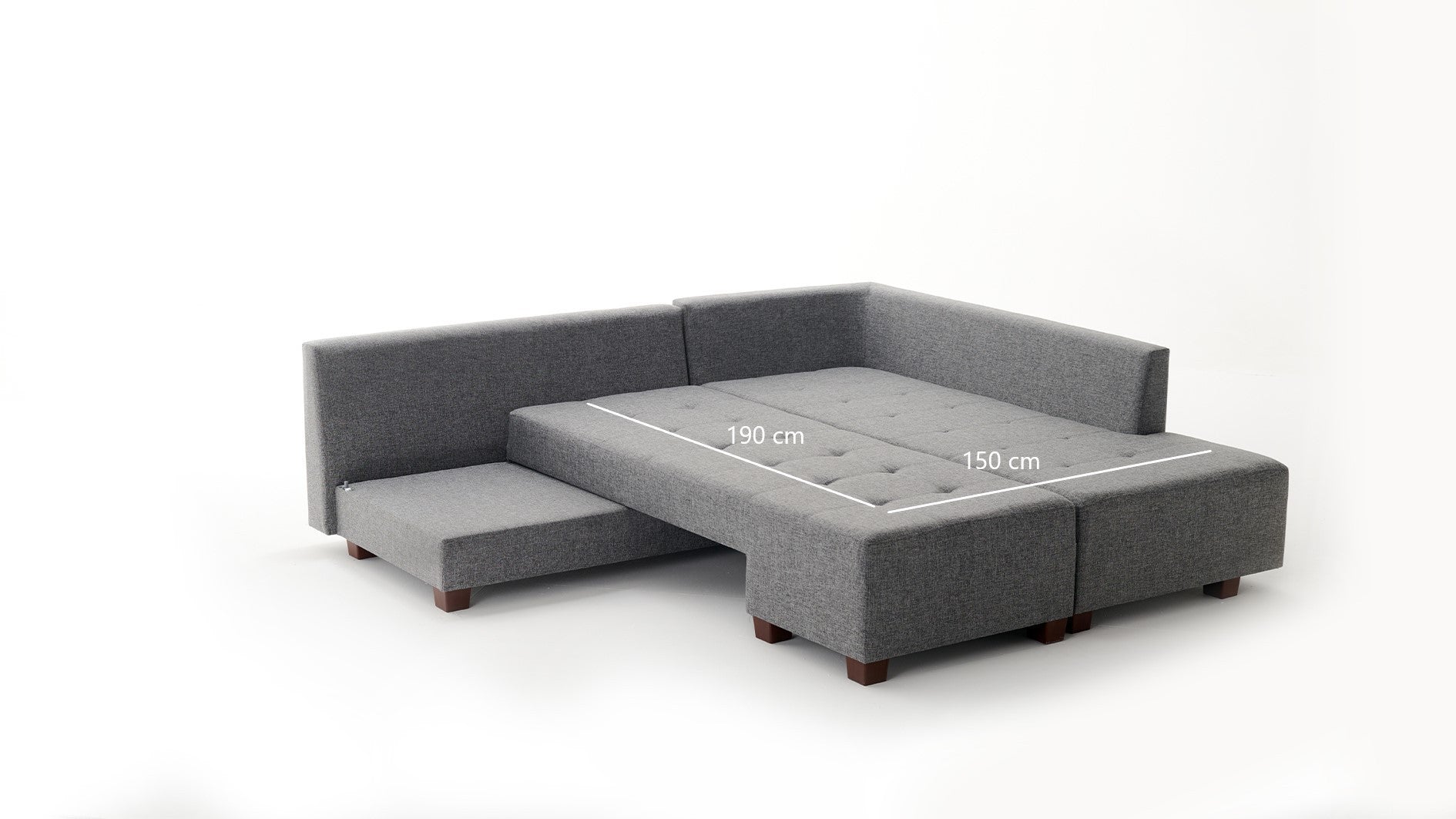 Sofá-cama de canto elegante, cinza, 280 cm | 100% poliéster, espuma 32 DNS, fácil de limpar | Estrutura de madeira, pernas de nogueira | Perfeito para espaços modernos