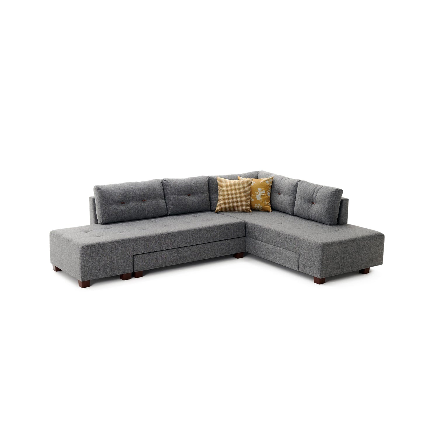 Sofá-cama de canto elegante, cinza, 280 cm | 100% poliéster, espuma 32 DNS, fácil de limpar | Estrutura de madeira, pernas de nogueira | Perfeito para espaços modernos