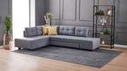 Sofá-cama de canto elegante, cinza, 280 cm | 100% poliéster, espuma 32 DNS, fácil de limpar | Estrutura de madeira, pernas de nogueira | Perfeito para espaços modernos