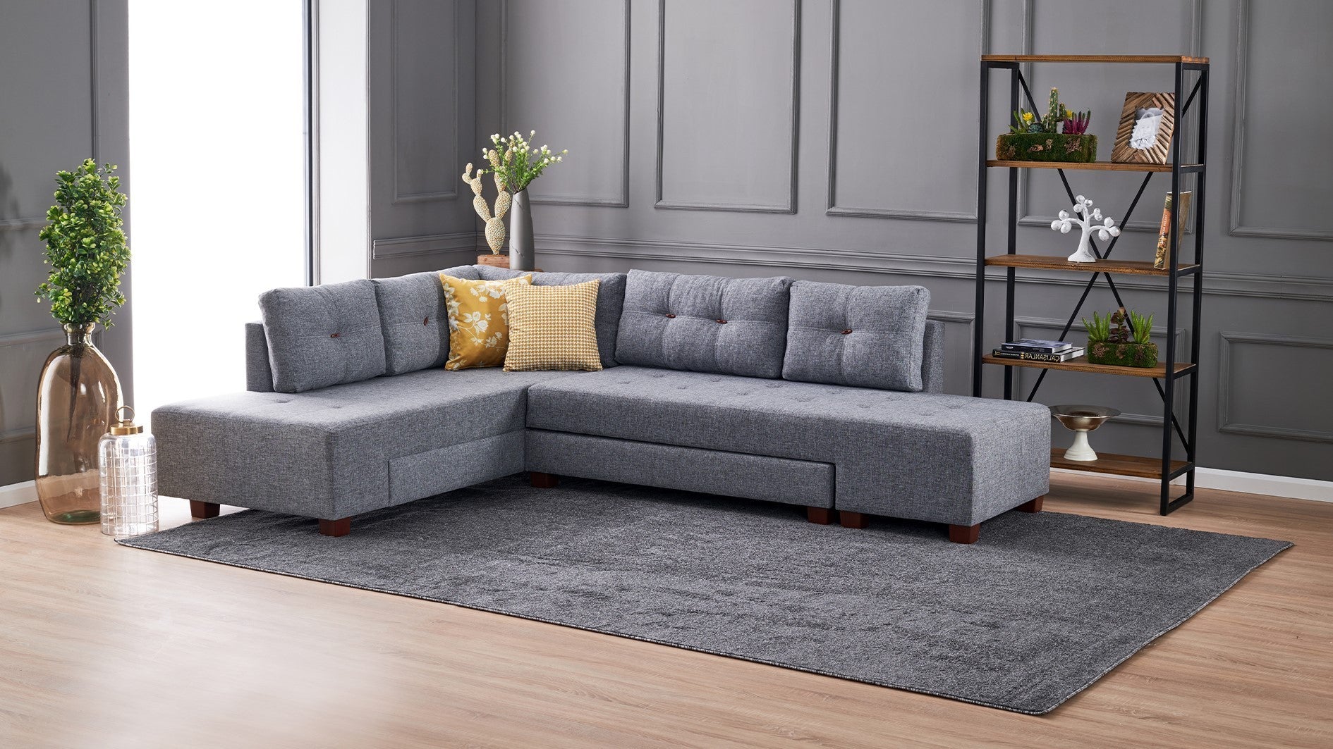 Sofá-cama de canto elegante, cinza, 280 cm | 100% poliéster, espuma 32 DNS, fácil de limpar | Estrutura de madeira, pernas de nogueira | Perfeito para espaços modernos