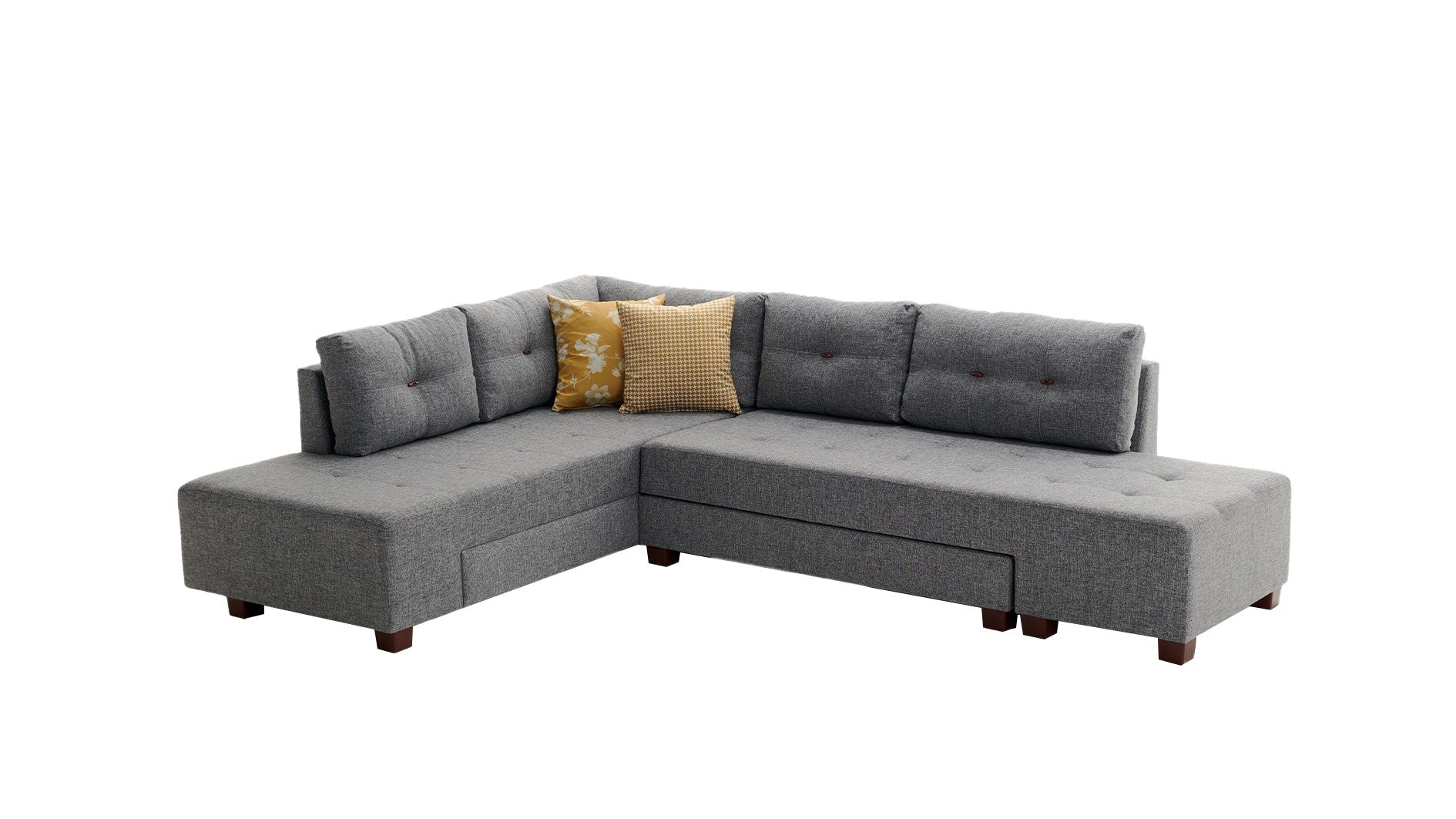 Sofá-cama de canto elegante, cinza, 280 cm | 100% poliéster, espuma 32 DNS, fácil de limpar | Estrutura de madeira, pernas de nogueira | Perfeito para espaços modernos