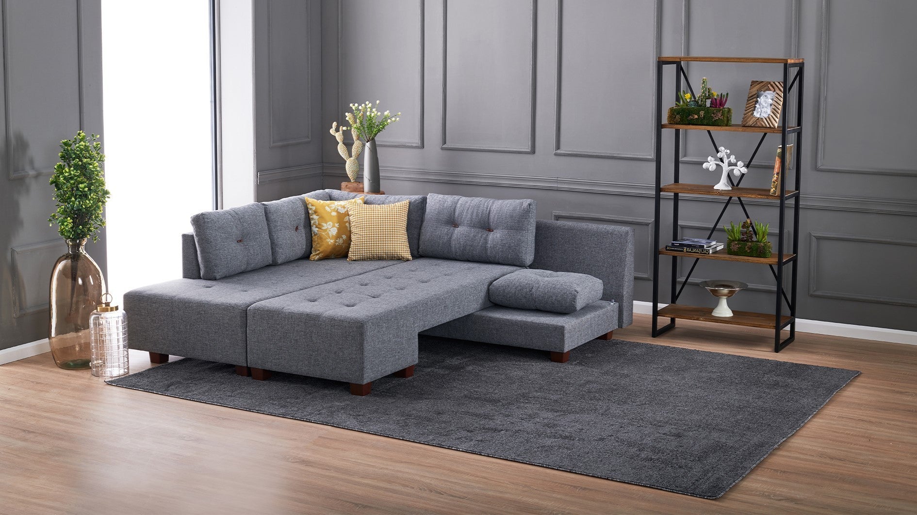 Sofá-cama de canto elegante, cinza, 280 cm | 100% poliéster, espuma 32 DNS, fácil de limpar | Estrutura de madeira, pernas de nogueira | Perfeito para espaços modernos