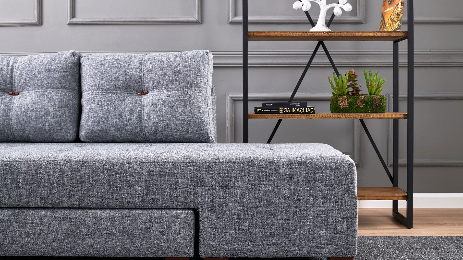 Sofá-cama de canto elegante, cinza, 280 cm | 100% poliéster, espuma 32 DNS, fácil de limpar | Estrutura de madeira, pernas de nogueira | Perfeito para espaços modernos