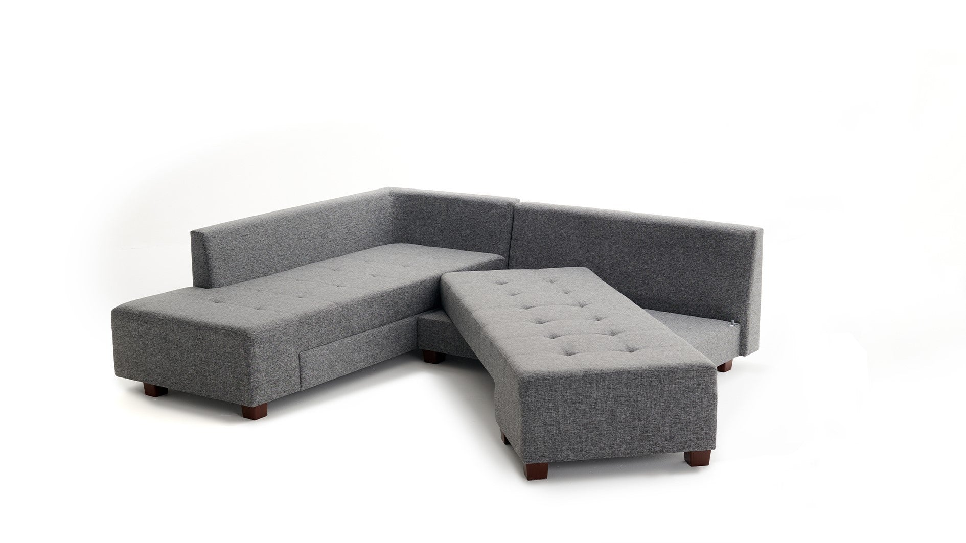 Sofá-cama de canto elegante, cinza, 280 cm | 100% poliéster, espuma 32 DNS, fácil de limpar | Estrutura de madeira, pernas de nogueira | Perfeito para espaços modernos