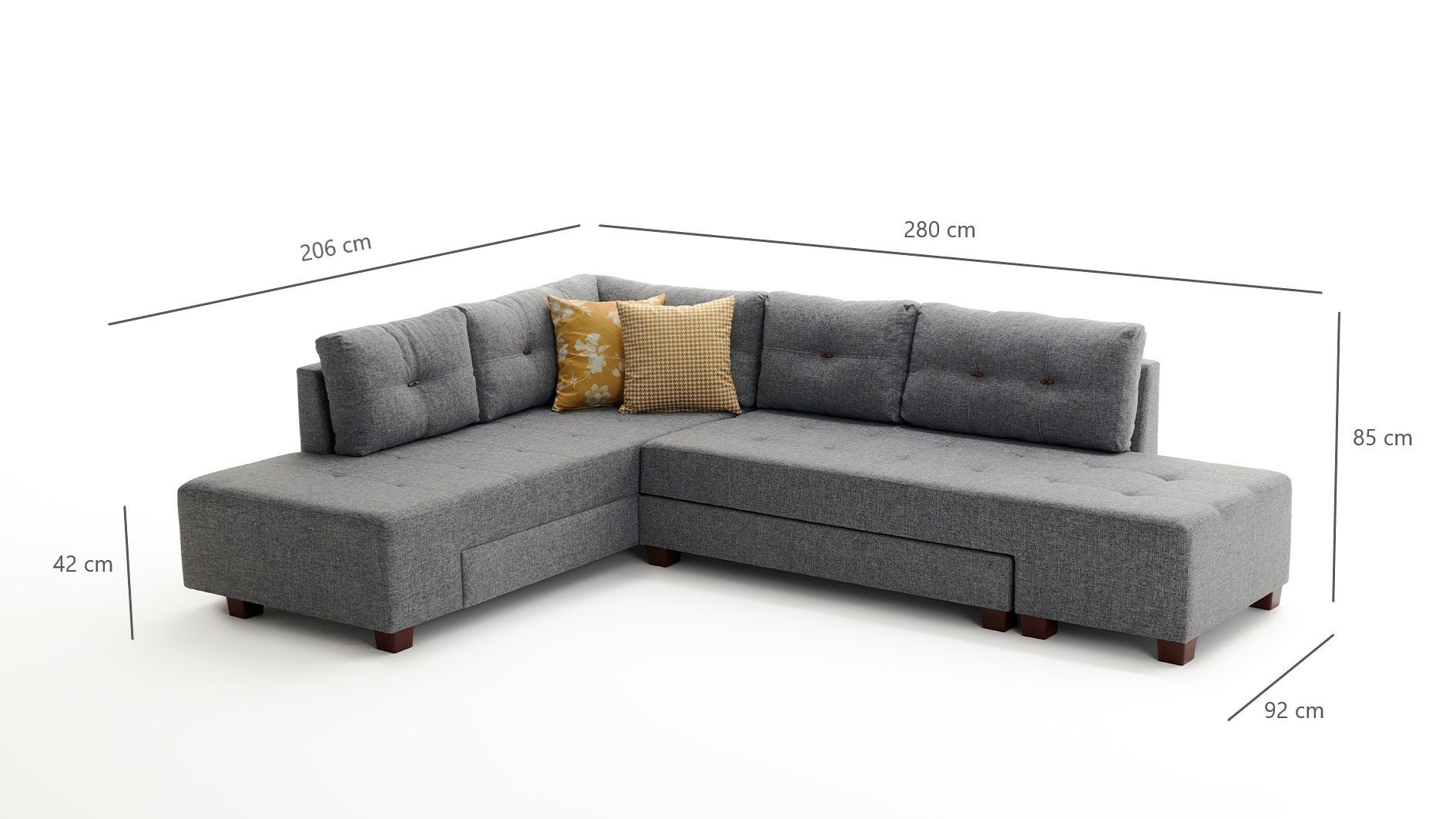 Sofá-cama de canto elegante, cinza, 280 cm | 100% poliéster, espuma 32 DNS, fácil de limpar | Estrutura de madeira, pernas de nogueira | Perfeito para espaços modernos