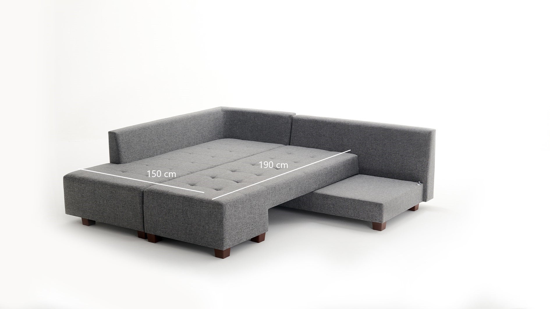 Sofá-cama de canto elegante, cinza, 280 cm | 100% poliéster, espuma 32 DNS, fácil de limpar | Estrutura de madeira, pernas de nogueira | Perfeito para espaços modernos