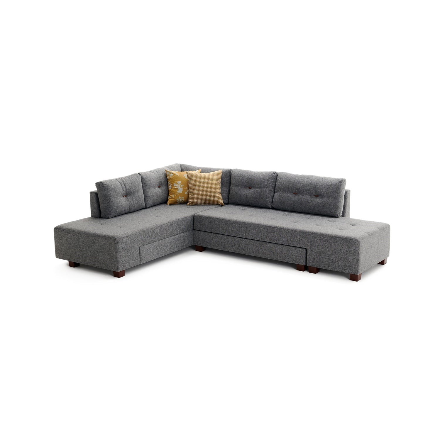 Sofá-cama de canto elegante, cinza, 280 cm | 100% poliéster, espuma 32 DNS, fácil de limpar | Estrutura de madeira, pernas de nogueira | Perfeito para espaços modernos