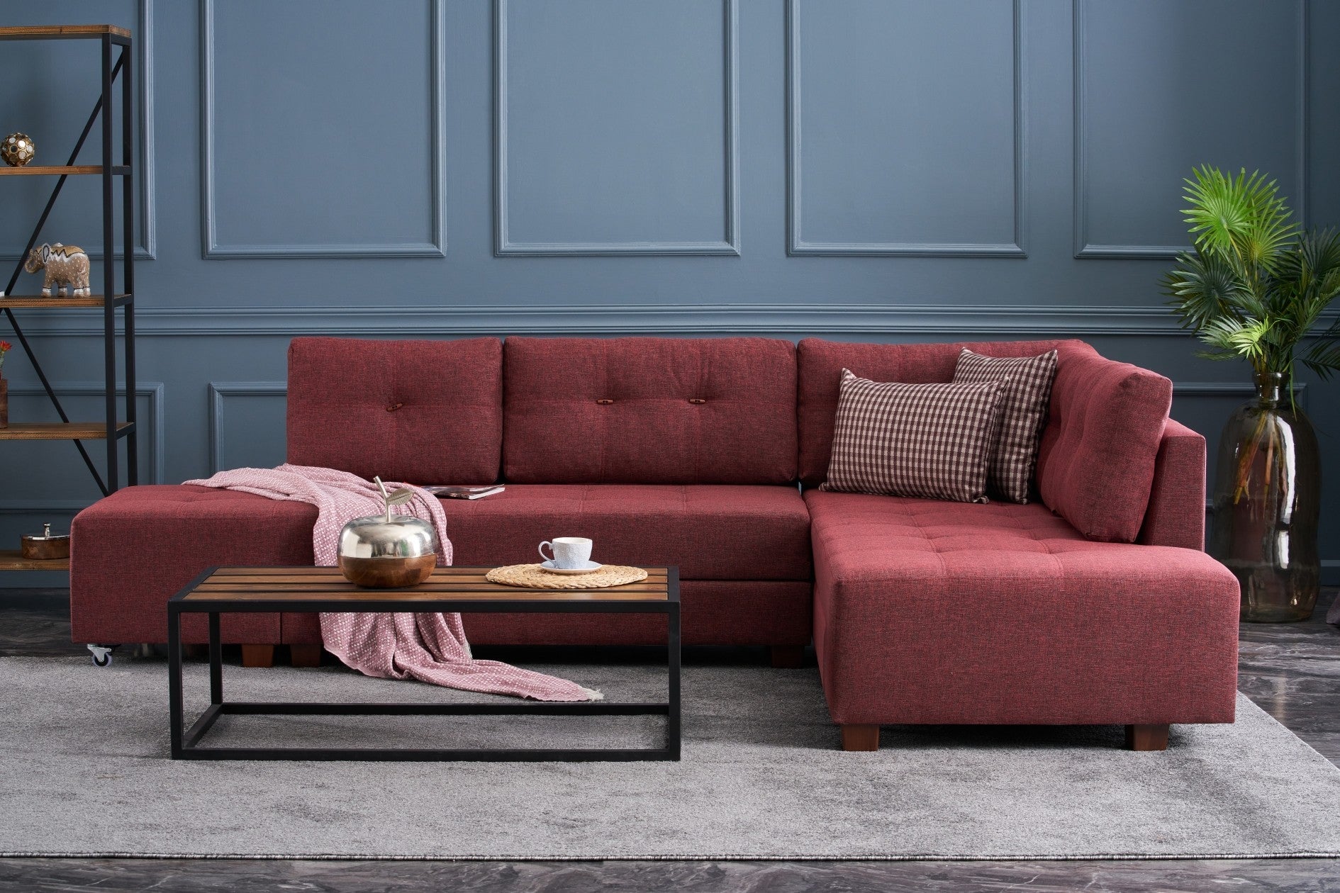 Sofá-cama de canto vermelho Claret, 280 cm | 100% poliéster, espuma DNS 32, tecido fácil de limpar, pernas de nogueira | Elegante e funcional para espaços modernos