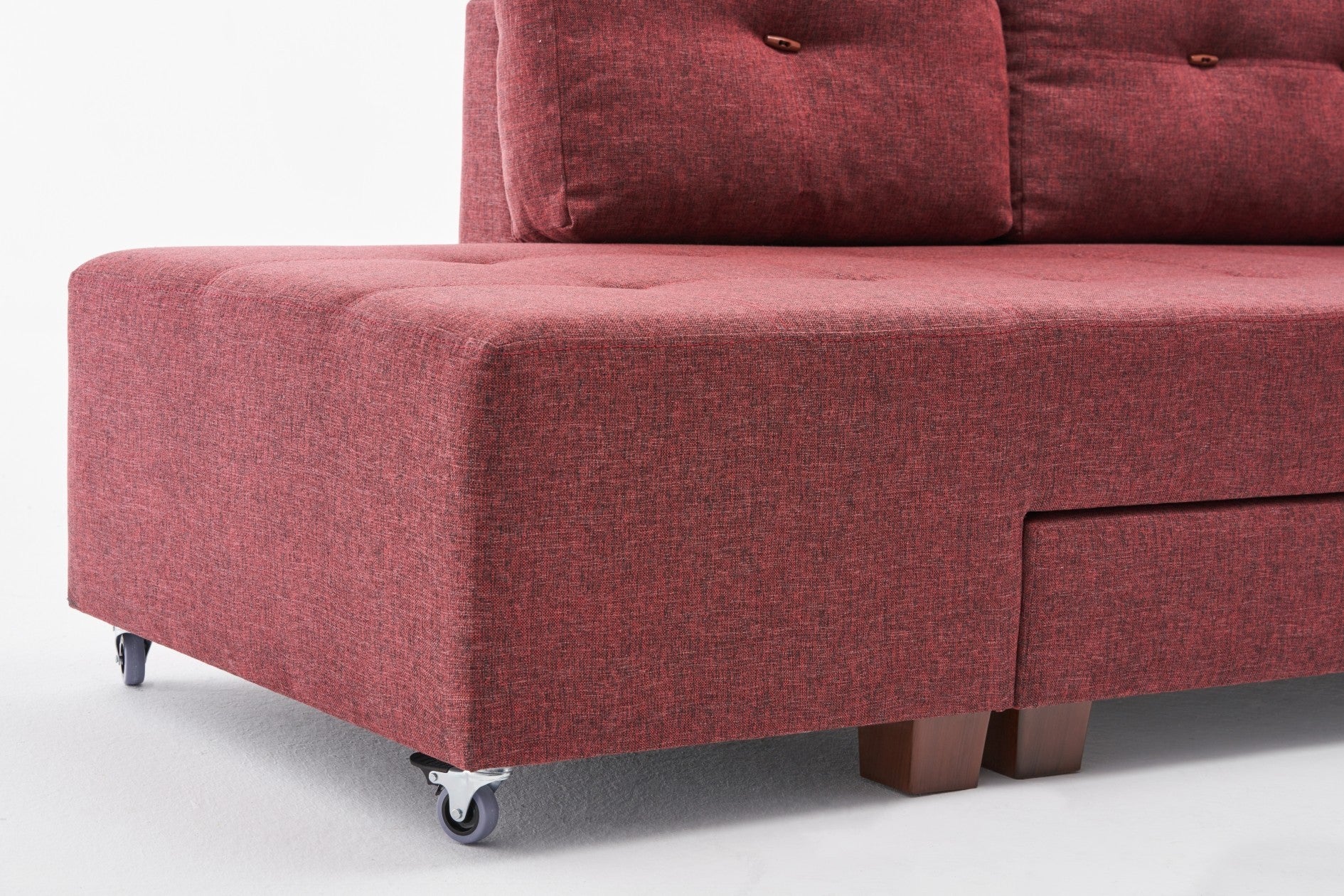 Sofá-cama de canto vermelho Claret, 280 cm | 100% poliéster, espuma DNS 32, tecido fácil de limpar, pernas de nogueira | Elegante e funcional para espaços modernos