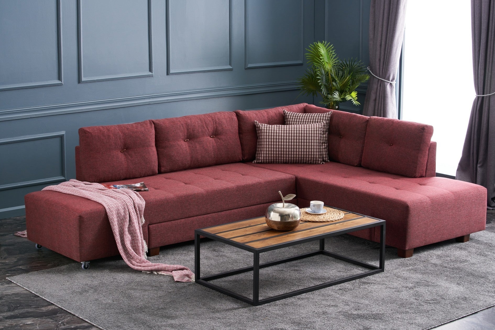 Sofá-cama de canto vermelho Claret, 280 cm | 100% poliéster, espuma DNS 32, tecido fácil de limpar, pernas de nogueira | Elegante e funcional para espaços modernos