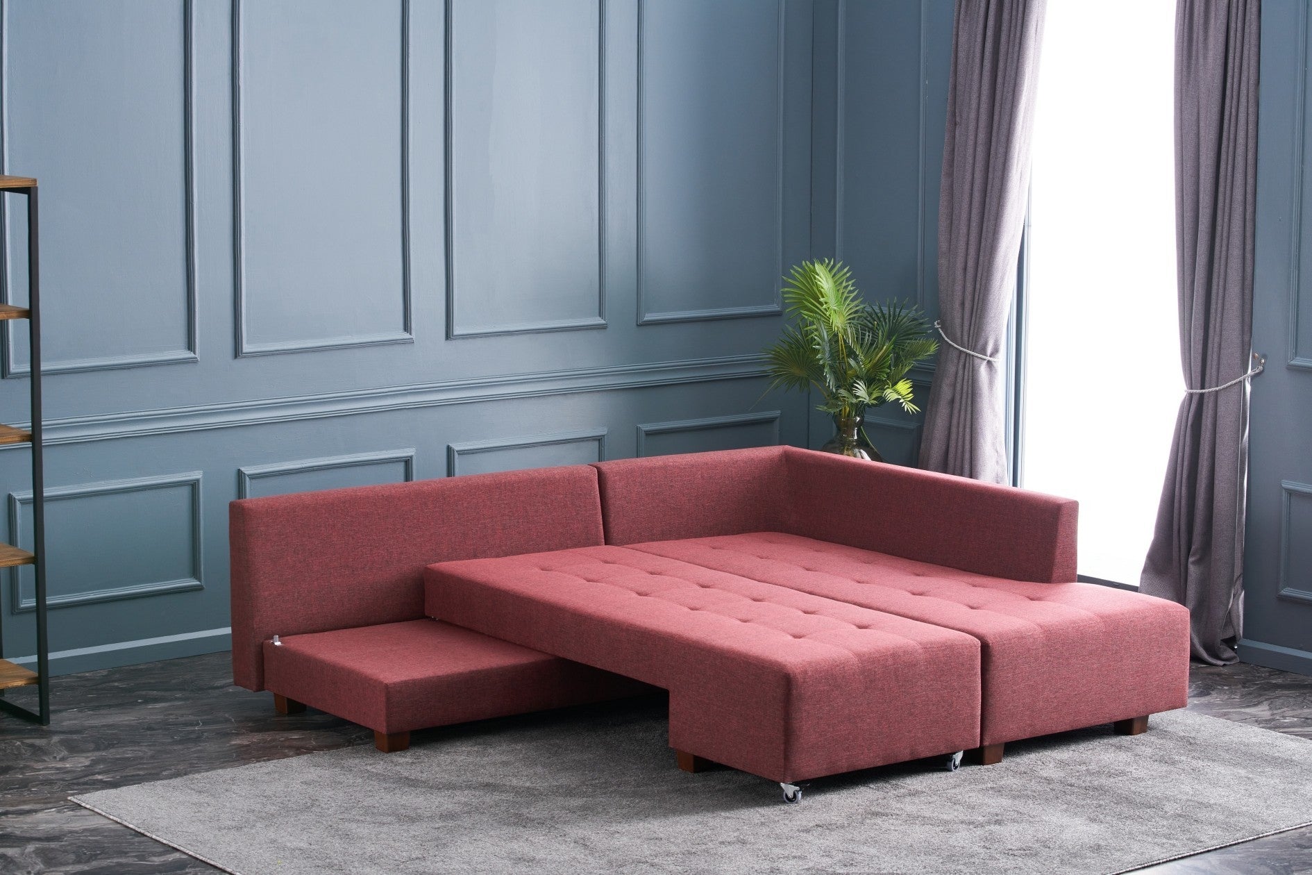 Sofá-cama de canto vermelho Claret, 280 cm | 100% poliéster, espuma DNS 32, tecido fácil de limpar, pernas de nogueira | Elegante e funcional para espaços modernos