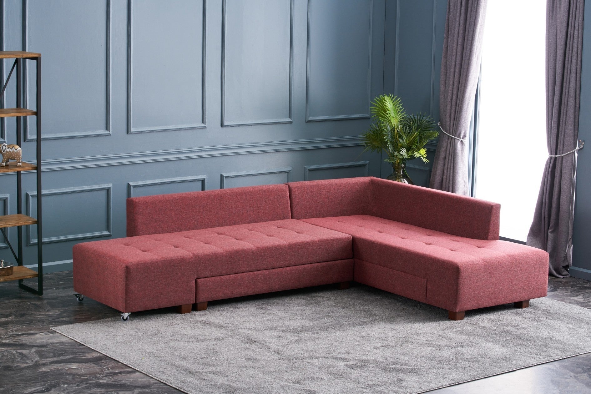 Sofá-cama de canto vermelho Claret, 280 cm | 100% poliéster, espuma DNS 32, tecido fácil de limpar, pernas de nogueira | Elegante e funcional para espaços modernos