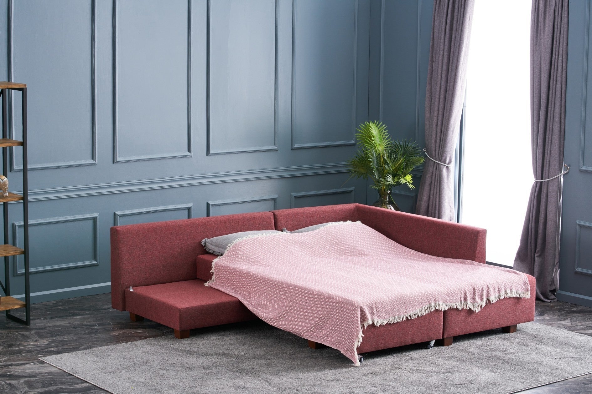 Sofá-cama de canto vermelho Claret, 280 cm | 100% poliéster, espuma DNS 32, tecido fácil de limpar, pernas de nogueira | Elegante e funcional para espaços modernos