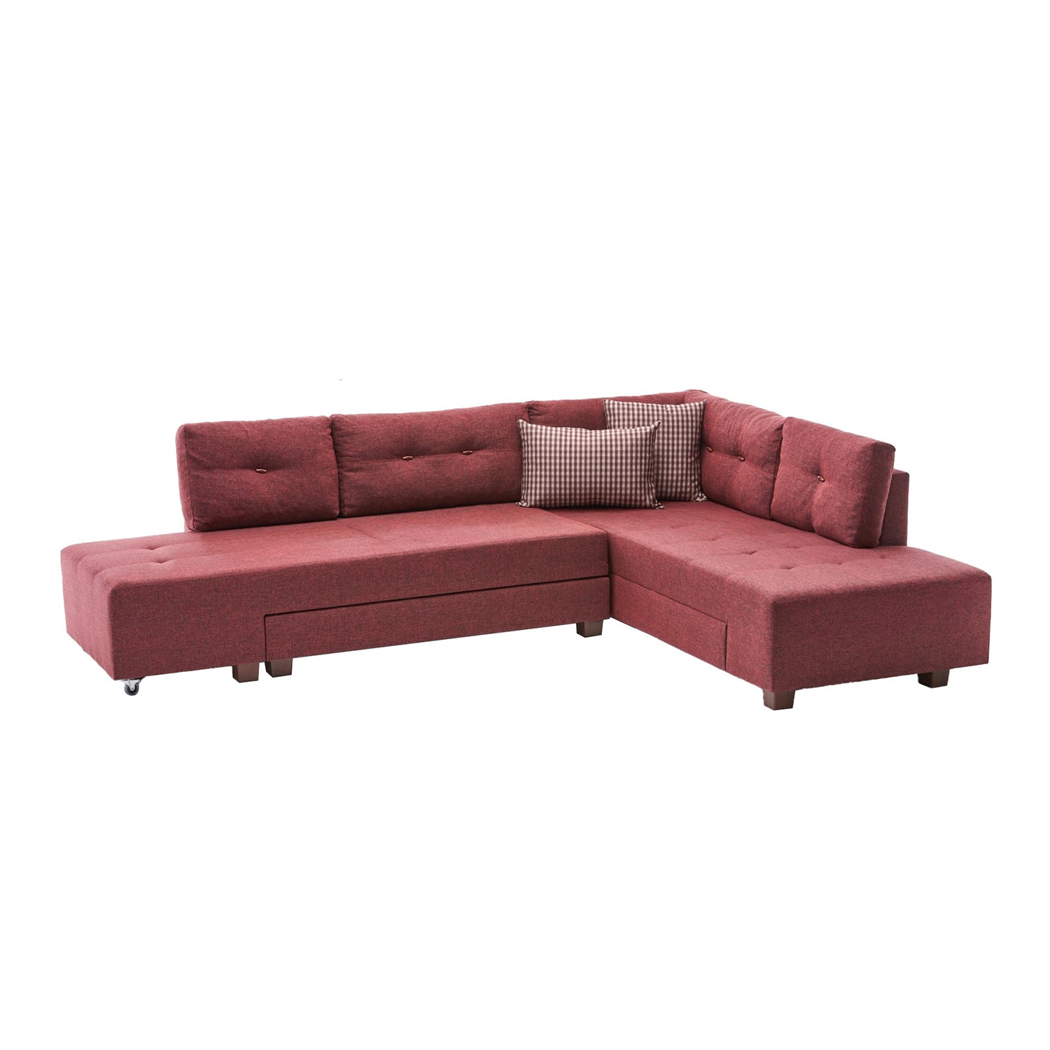 Sofá-cama de canto vermelho Claret, 280 cm | 100% poliéster, espuma DNS 32, tecido fácil de limpar, pernas de nogueira | Elegante e funcional para espaços modernos